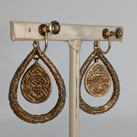 Stephen Dweck Black Onyx Etched Bronze Gold Teardrop Dangle Clip GF Earrings - Picture 3 of 7